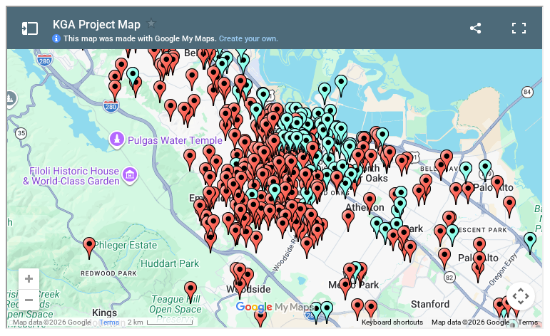 Map of Kastrop Group architecture project locations centered on the San Francisco Peninsula, with markers across San Mateo County and surrounding cities.